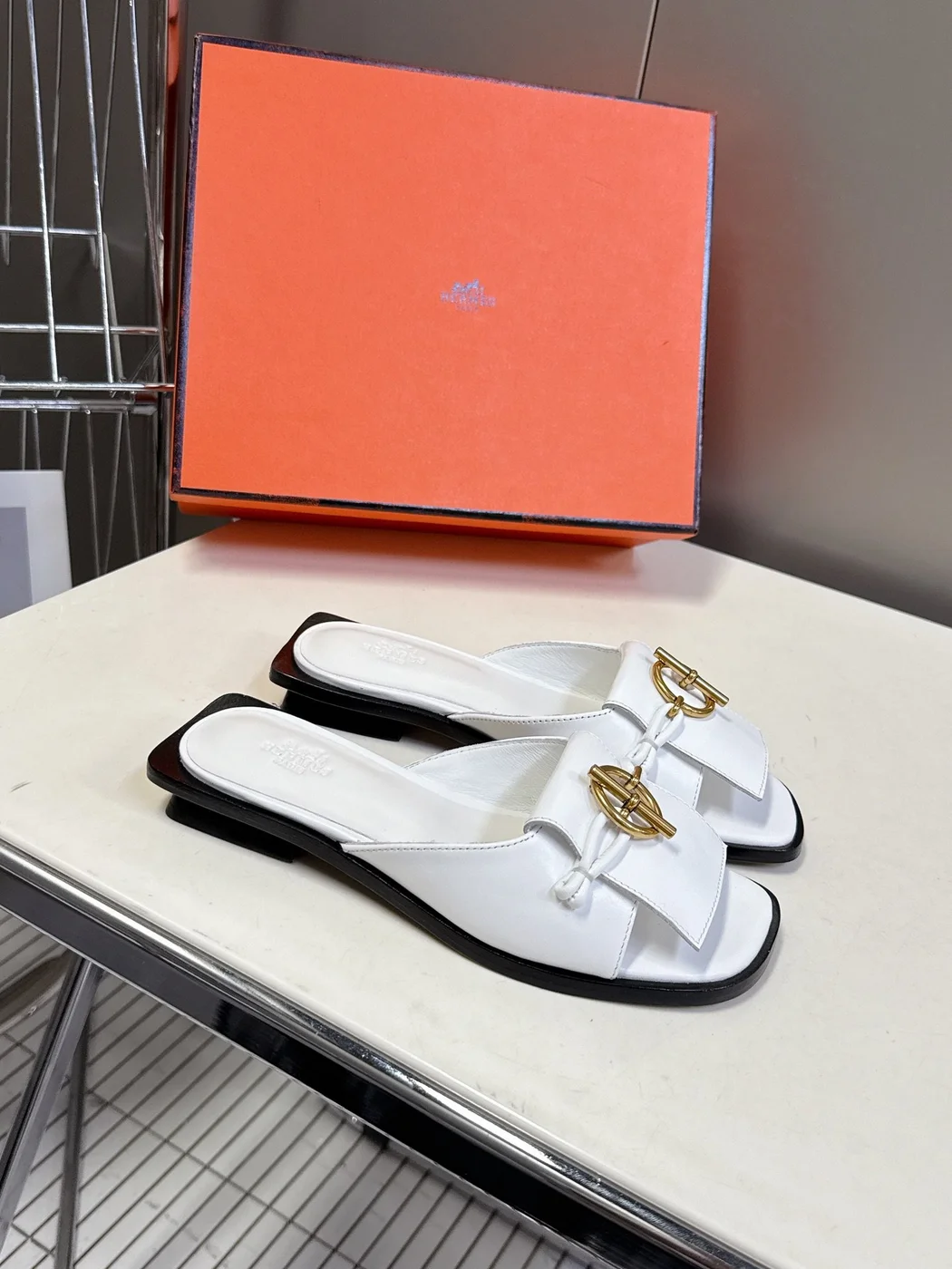 Hermès Women White Leather Mules — Gold-Tone Buckle Open-Toe Style product view 4