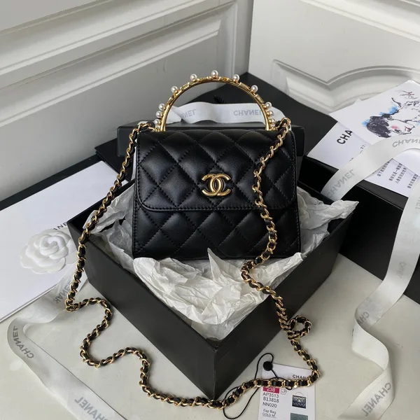 Chanel Woc Pearl Handle Plated Handbags Black Leather With Lock Gold .5×14.5×5.5 cm product photo