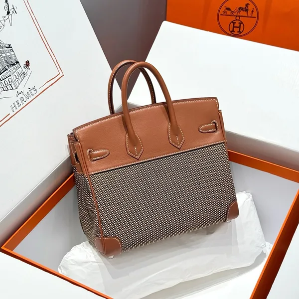 Hermès Birkin 25 cm In Gold Swift And Black/White/Brown Toile Canvas Bag product view 2