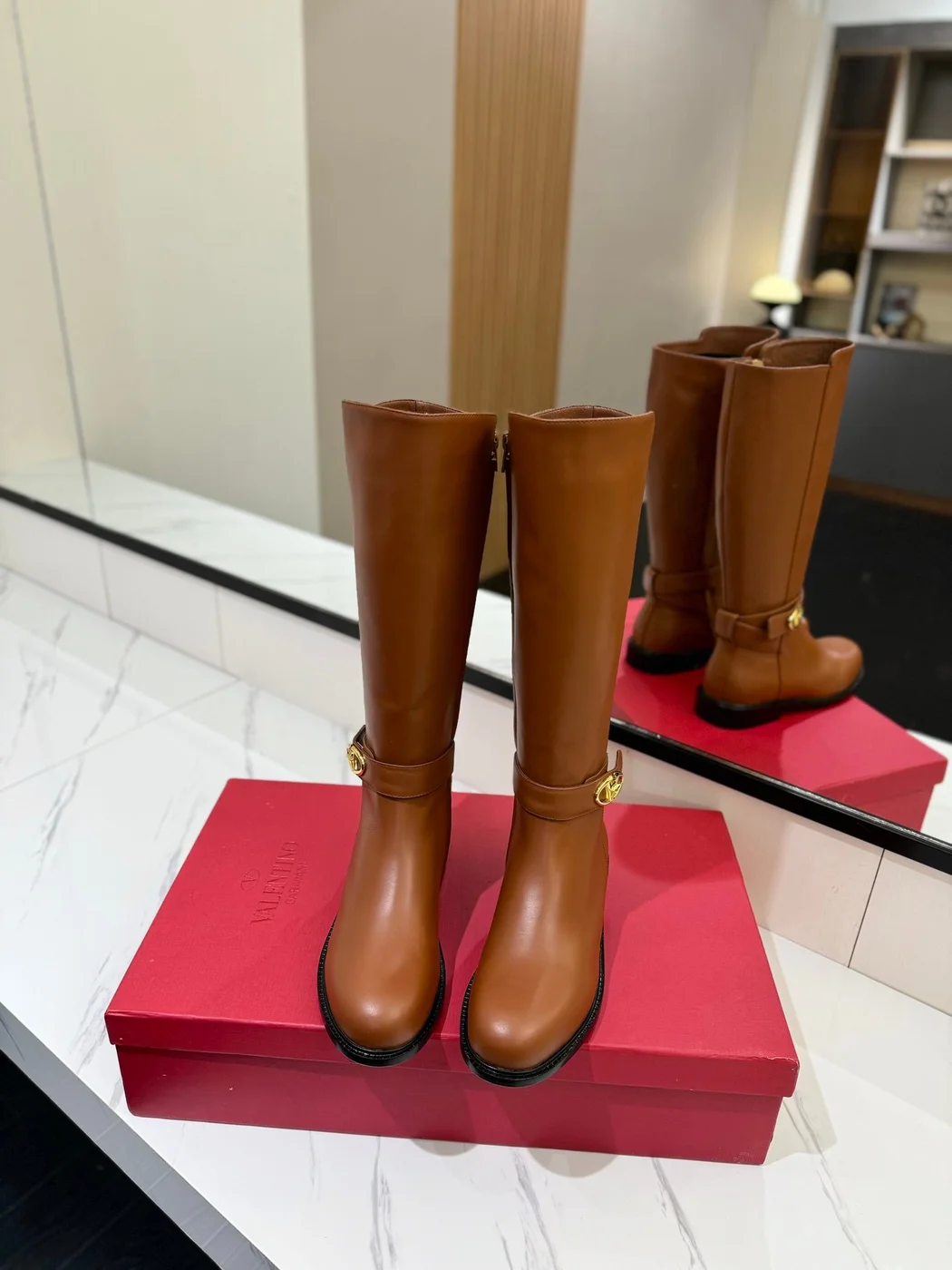 Valentino Women Brown Leather Knee High Boots — Ankle-Strap Detail product view 4