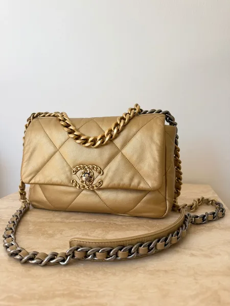 Chanel 19 Small Metallic Gold Lambskin Bag product view 2