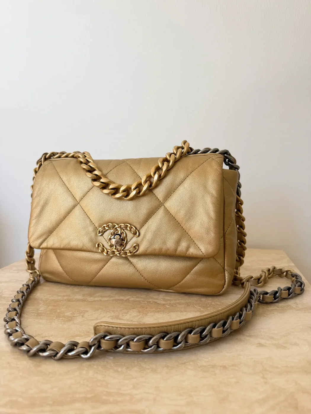 Chanel 19 Small Metallic Gold Lambskin Bag product view 2