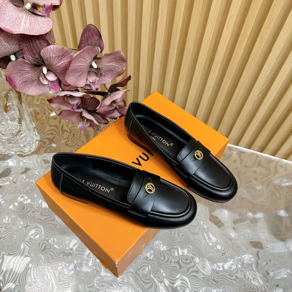 Louis Vuitton Women Black Leather Loafers — Metal Logo Detail product view 4
