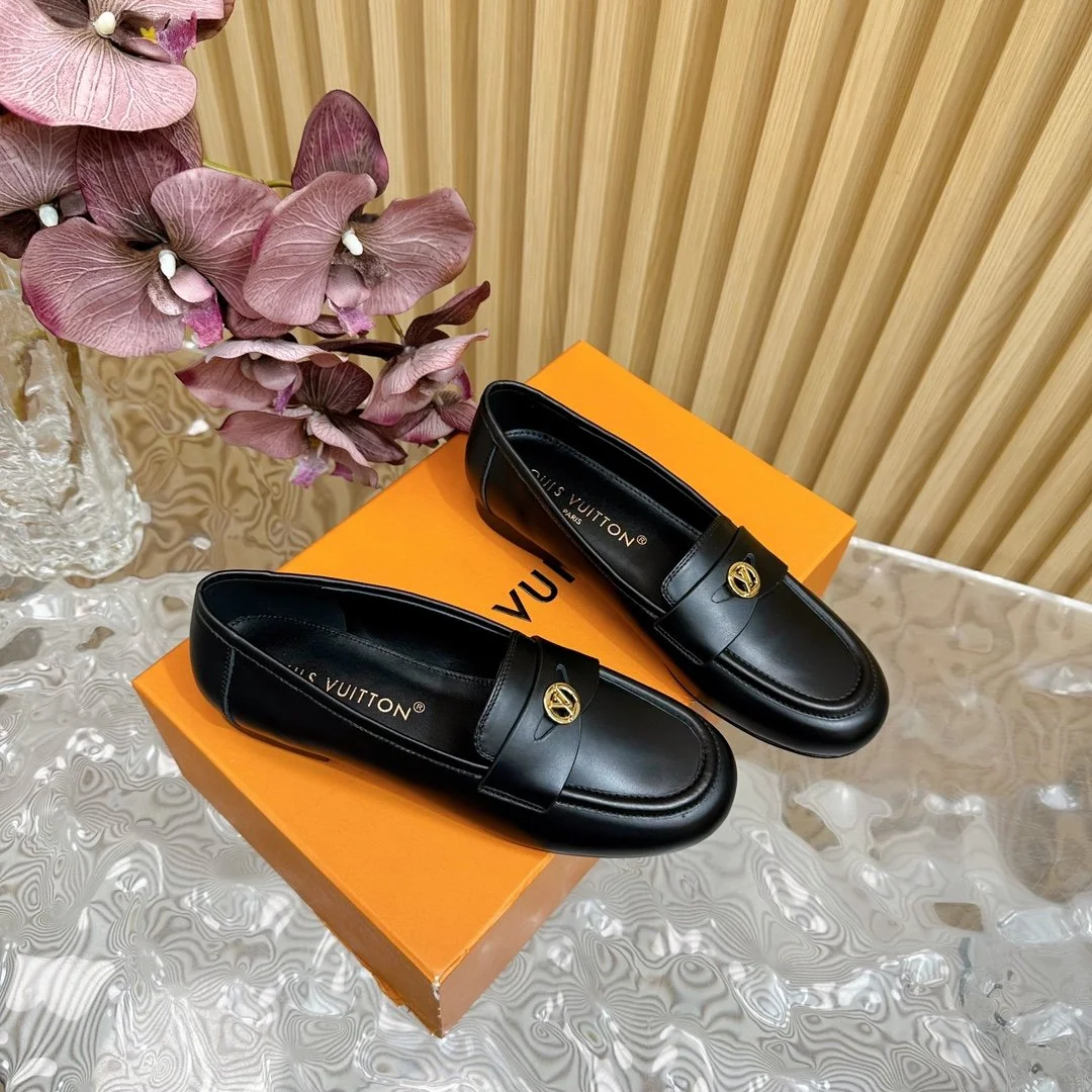Louis Vuitton Women Black Leather Loafers — Metal Logo Detail product view 4