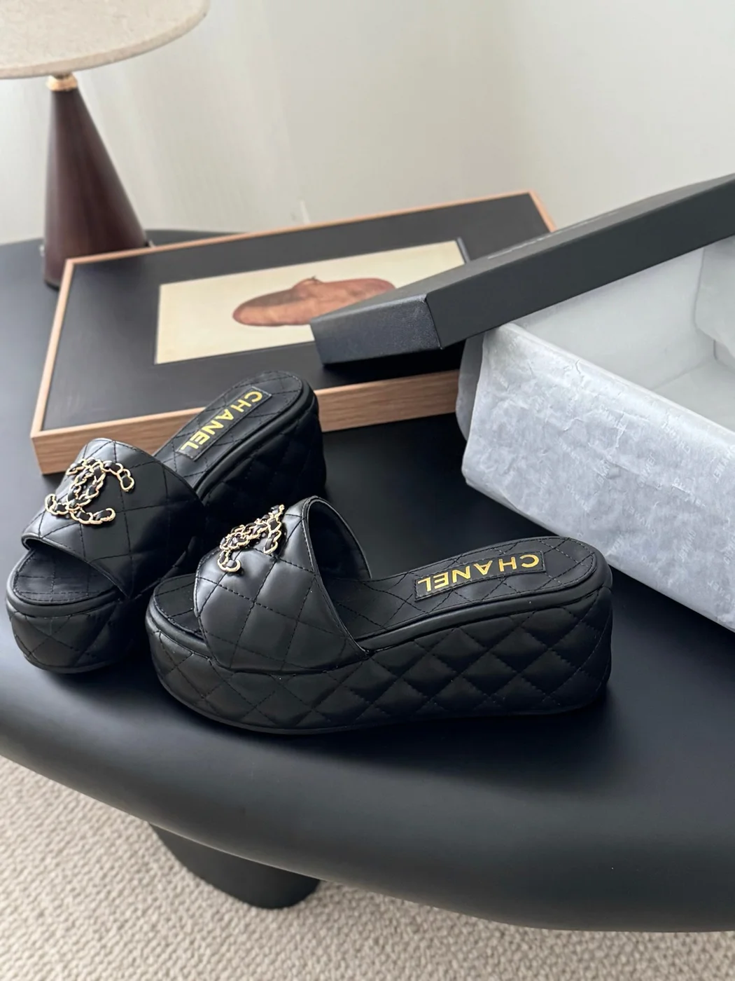 Chanel Women Black Leather Quilted Slides — Chain-Woven CC Detail product view 2