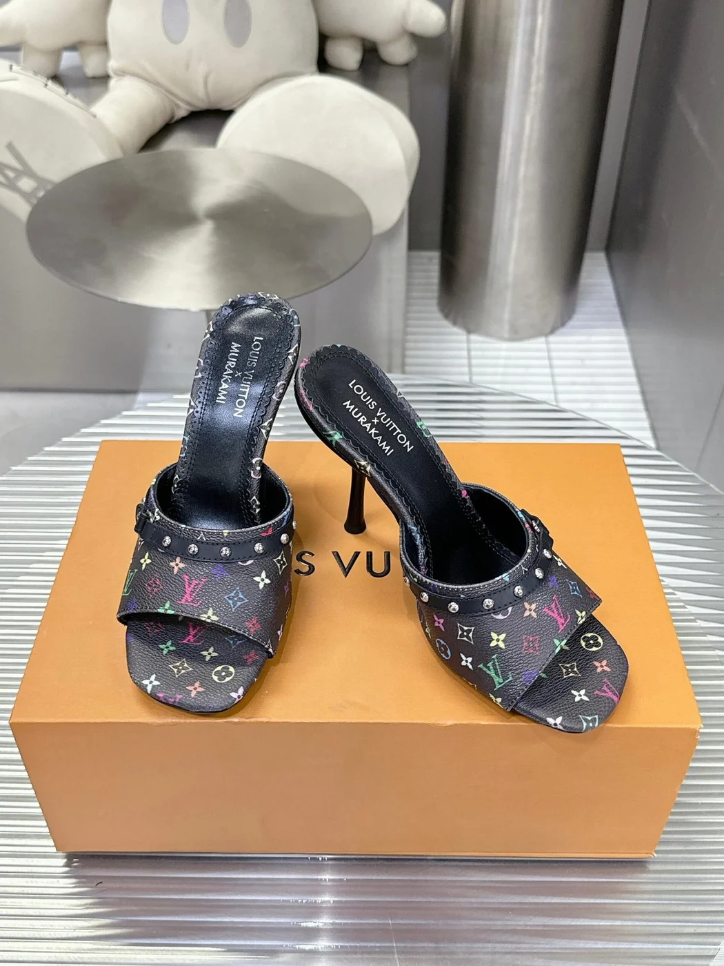 Louis Vuitton Women Black Leather Multicolor Logo Mules product view 4