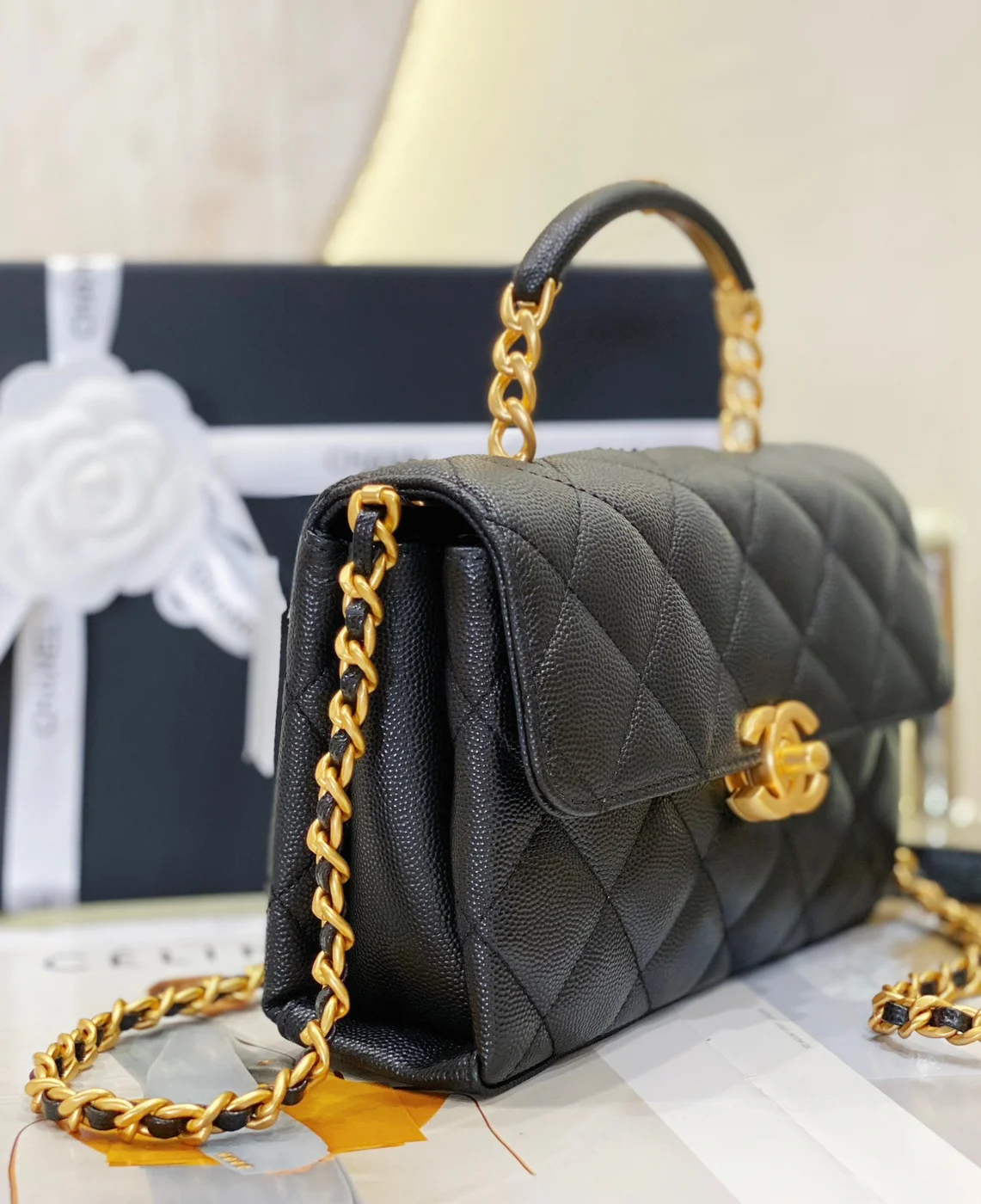 Chanel Handle Woman’s Black Leather Handbags Pebbled Leather 19 cm product view 3