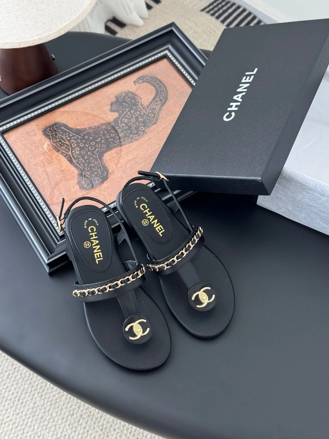Chanel Women Black Leather Chain Detail Flat Sandals product view 6