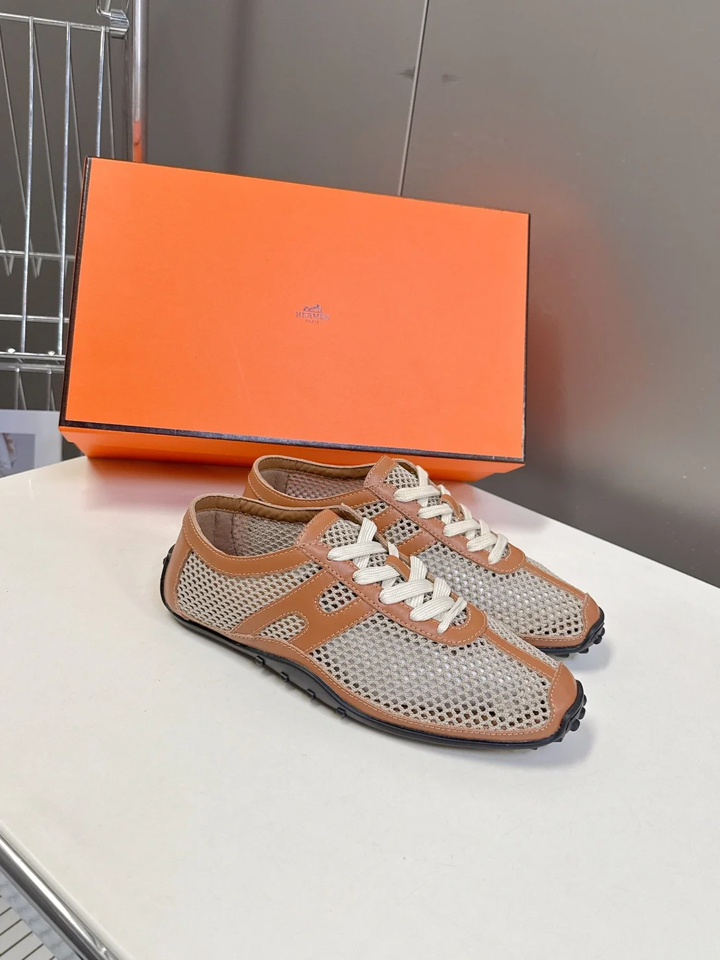 Hermès Women Beige Mesh And Tan Leather Sneakers product view 3