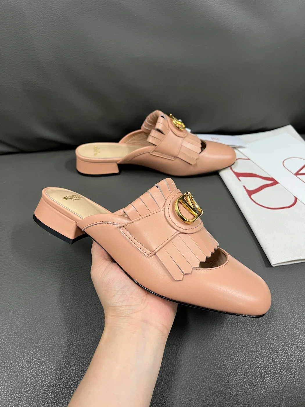 Valentino Women Peach Pink Leather Fringe Mules product view 6