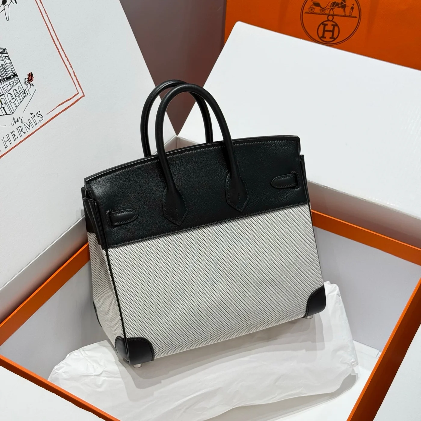 Hermès Birkin 25 cm In Black Swift White Toile Canvas (Custom-Made) Bag product view 2