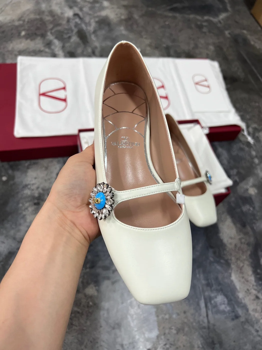 Valentino Women White Leather Embellished Flats product view 4