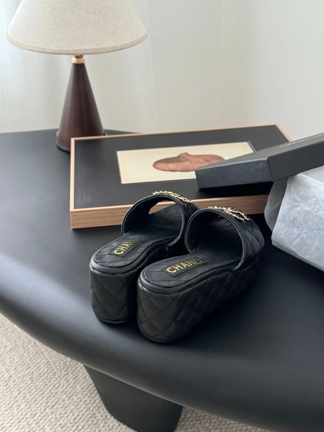 Chanel Women Black Leather Quilted Slides — Chain-Woven CC Detail product view 3