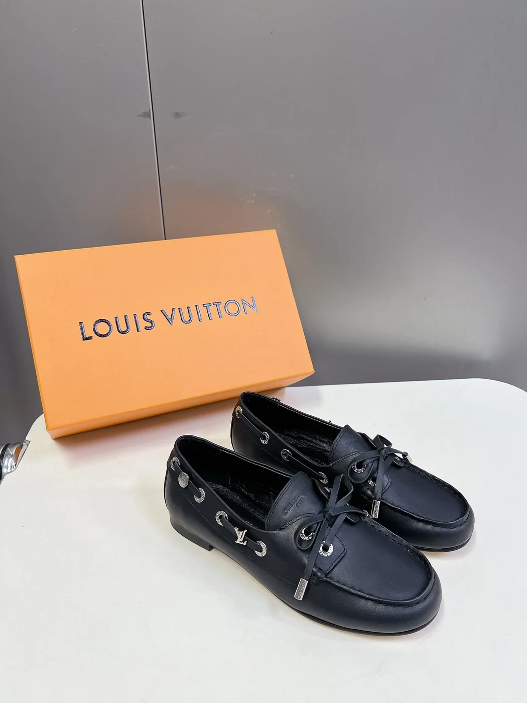 Louis Vuitton Women Black Leather Loafers — Metal-Bar Detail product view 3