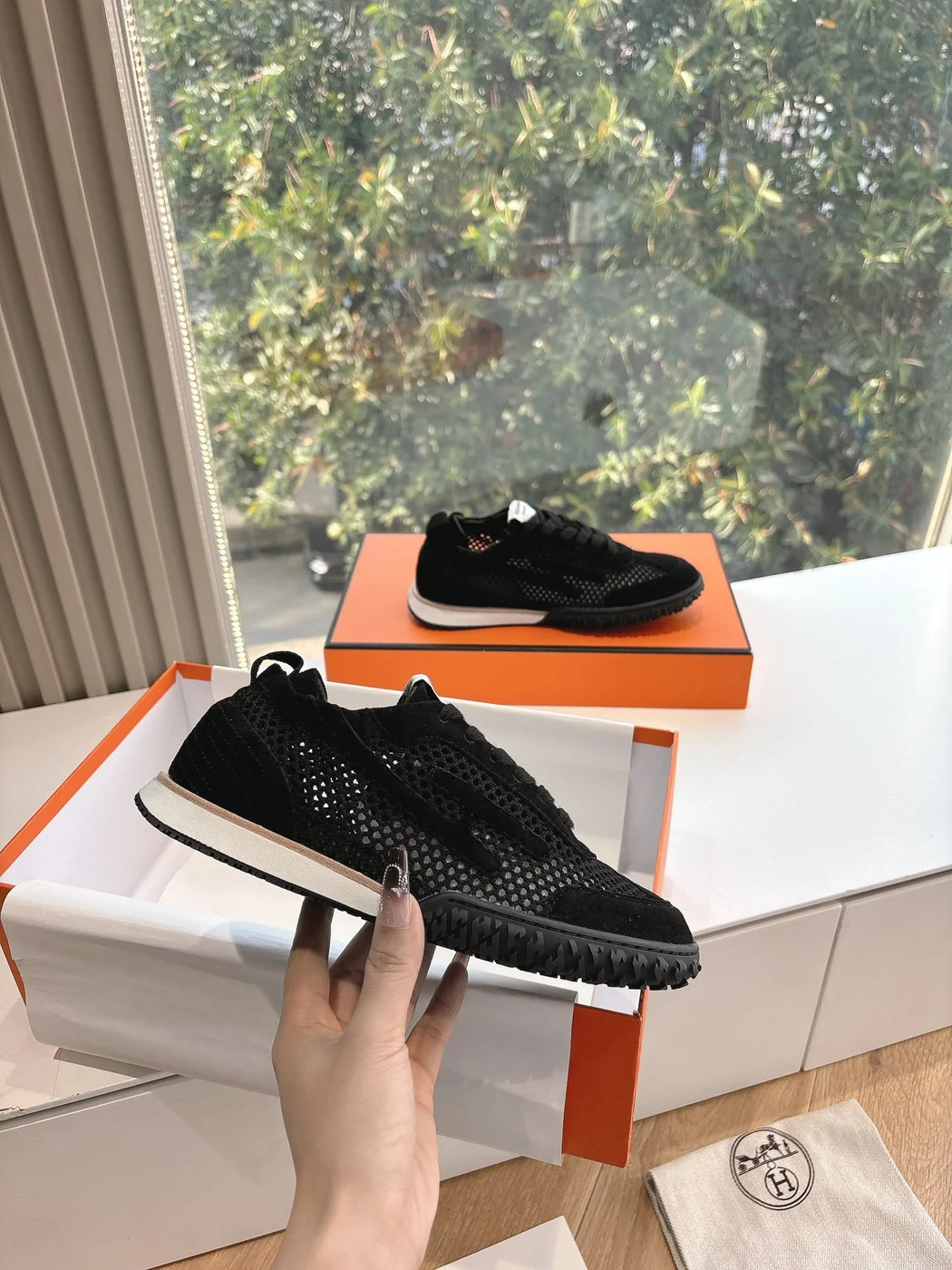 Hermès Women Black Suede Mesh Sneakers product view 5
