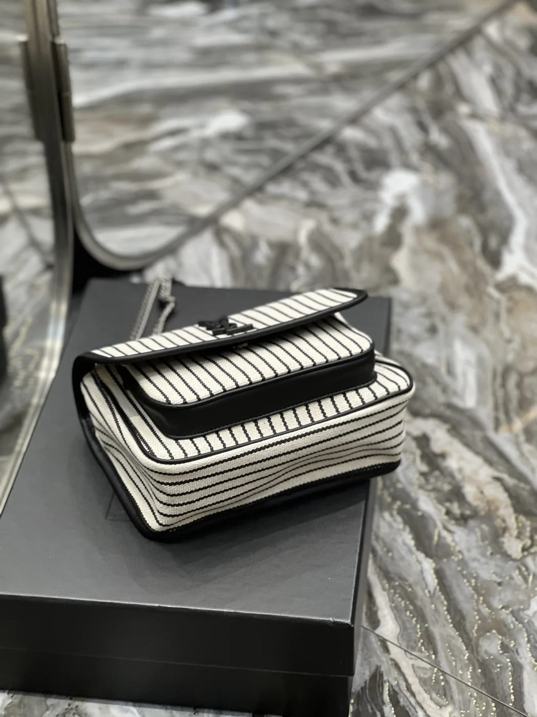 Saint Laurent Cotton Canvas Striped Vintage Calfskin Monogram Medium Niki Chain Satchel Bag product view 4