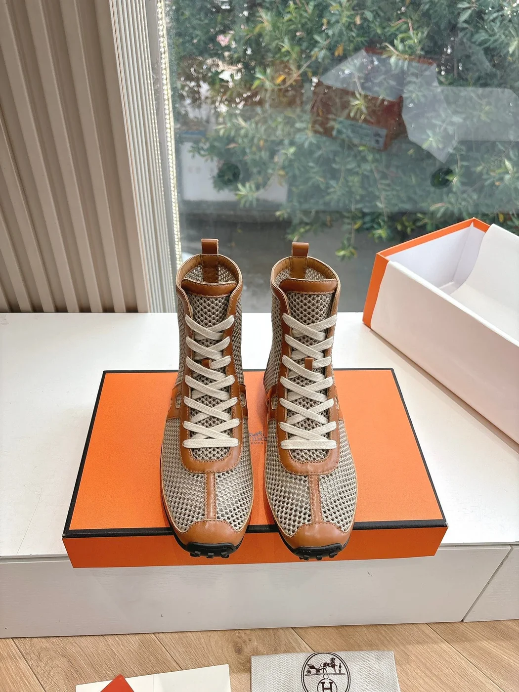 Hermès Women Beige Mesh And Brown Leather Sneakers product view 1