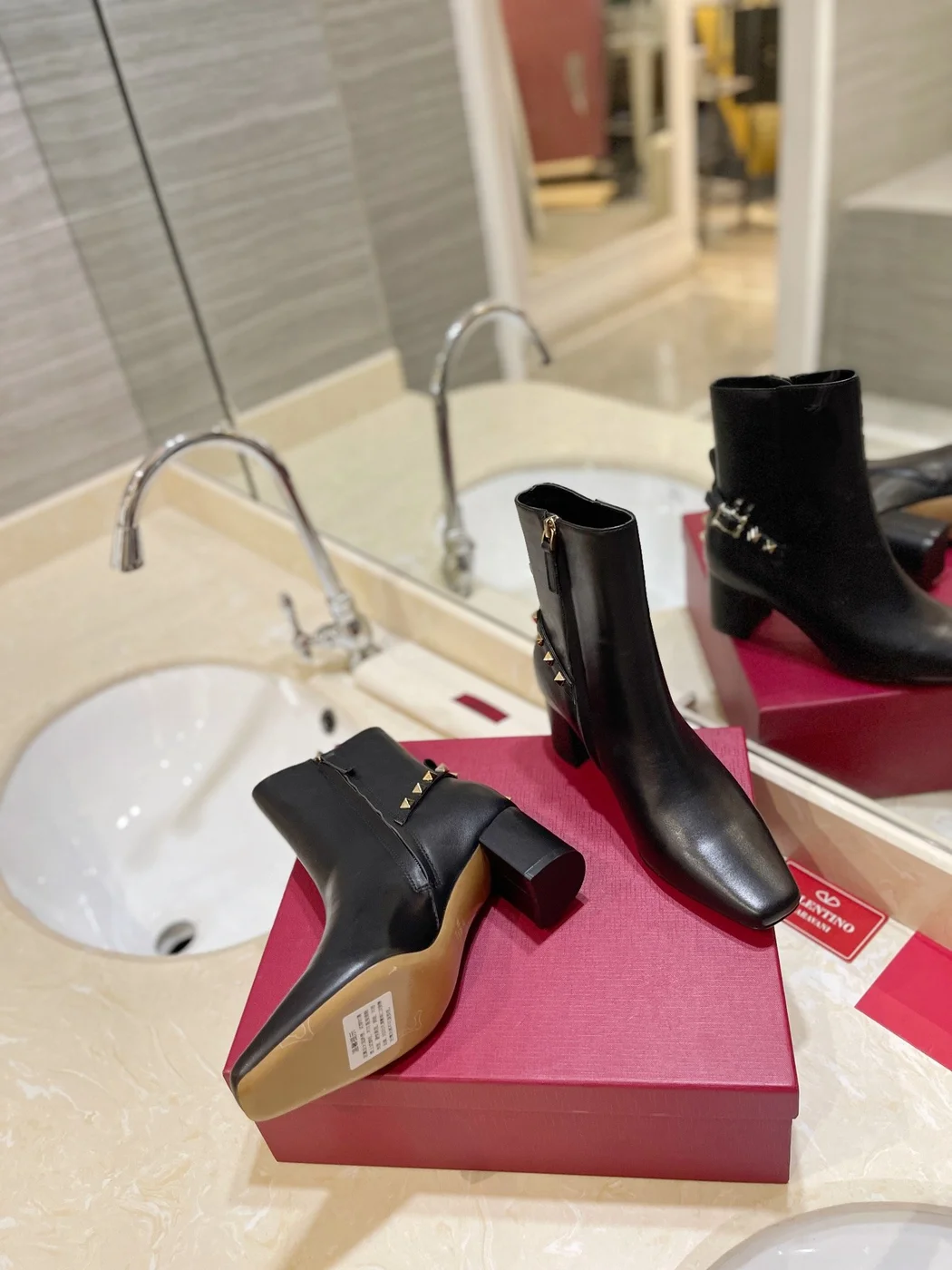 Valentino Women Black Leather Studded Ankle Boots — Studded Side Detail product view 2