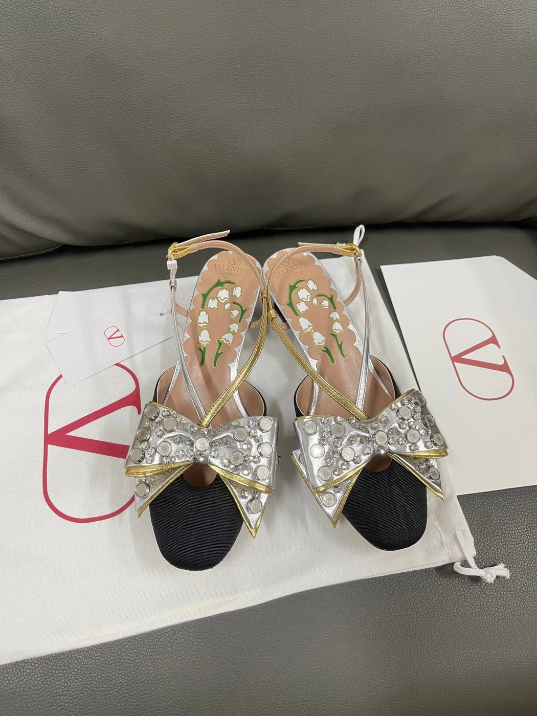 Valentino Women Black Silver Leather Bow Slingback Flats product view 1