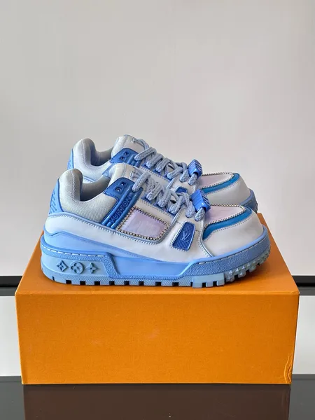 Louis Vuitton Men Light Blue Leather And Fabric Sneakers product photo