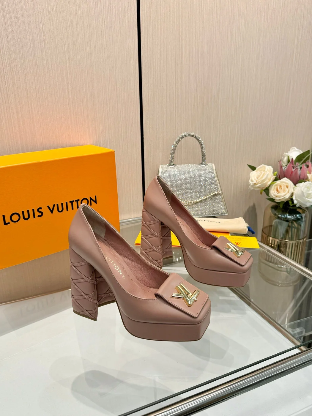 Louis Vuitton Women Pink Leather Quilted Block Heels product view 2