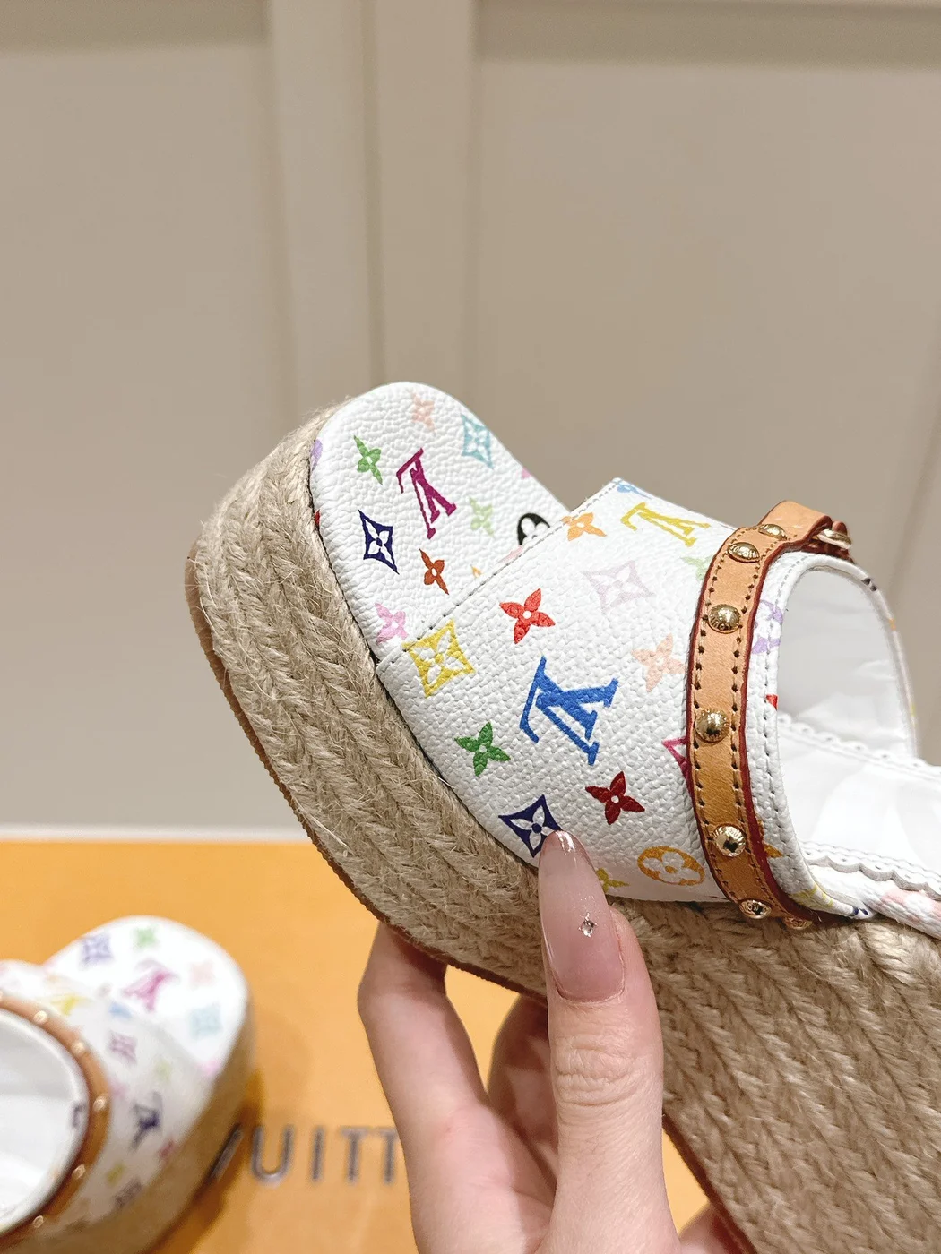 Louis Vuitton Women White Leather Multicolor Print Wedge Sandals product view 2