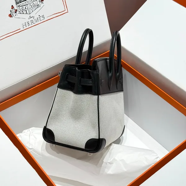 Hermès Birkin 25 cm In Black Swift White Toile Canvas (Custom-Made) Bag product view 3