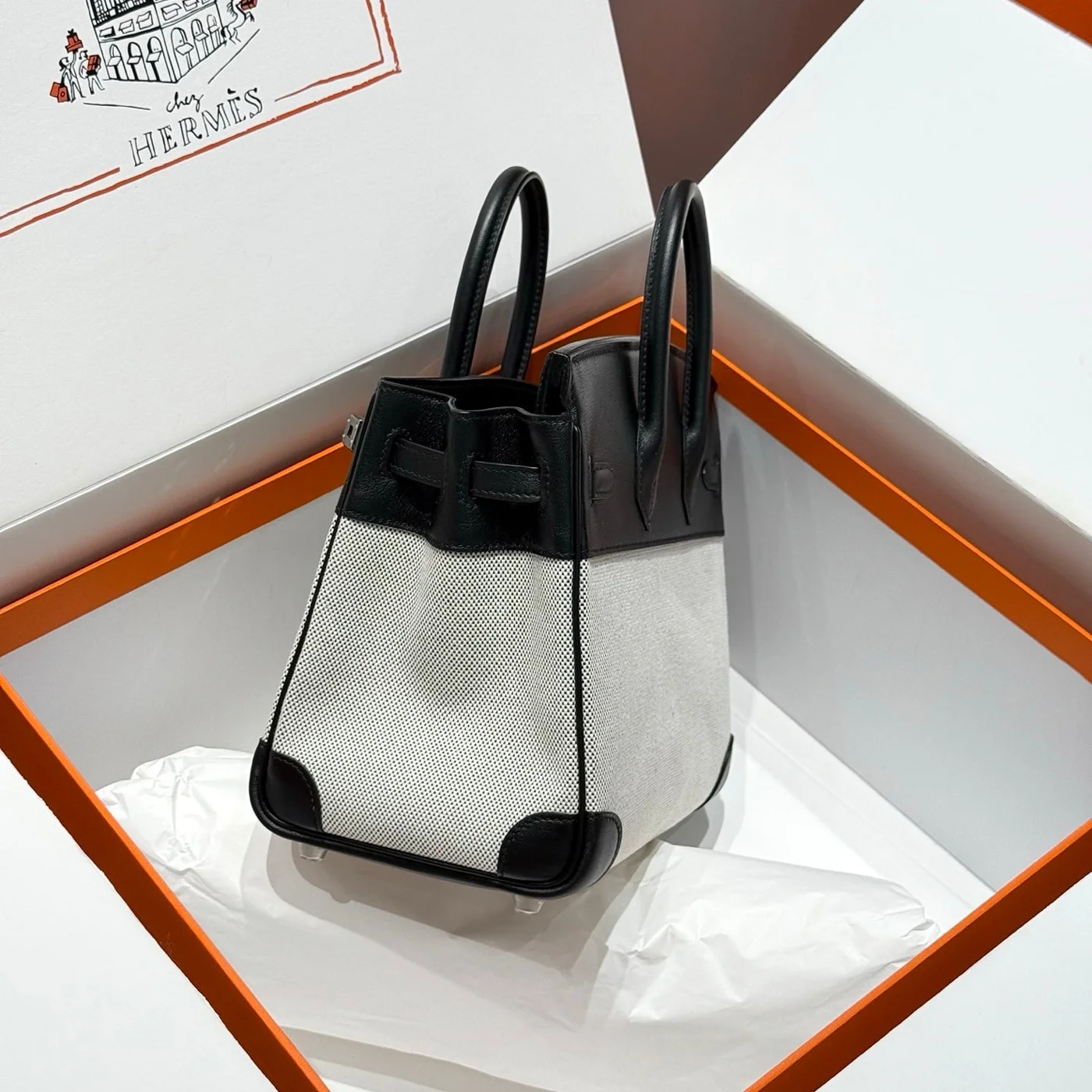 Hermès Birkin 25 cm In Black Swift White Toile Canvas (Custom-Made) Bag product view 3