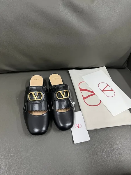 Valentino Women Black Leather Fringe Mules product photo
