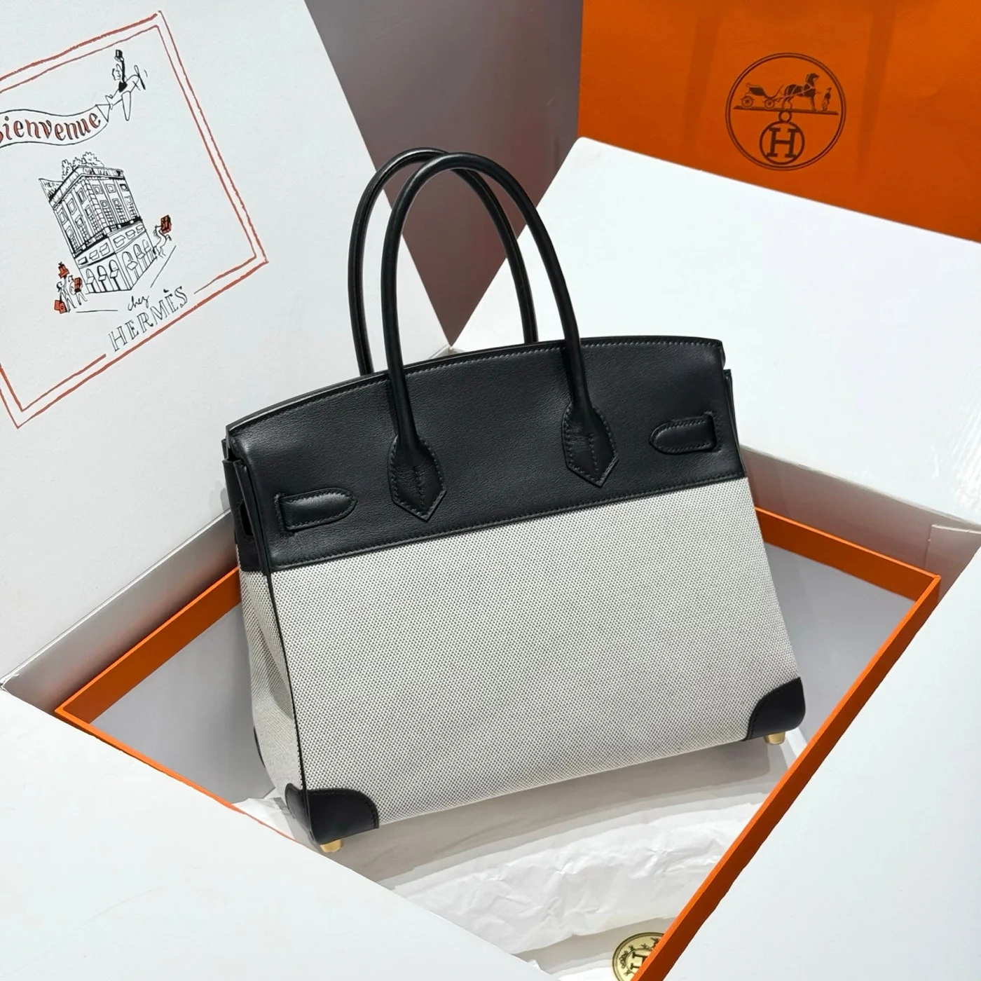Hermès Quadrille Birkin 30 In Black Swift White Toile Canvas Bag product view 2