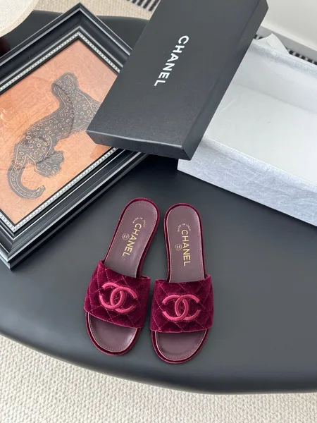 Chanel Women Burgundy Quilted Velvet Slides product photo