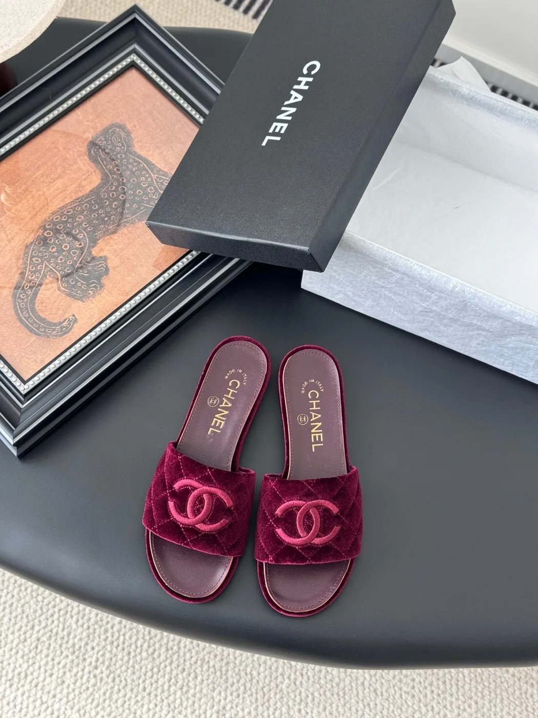 Chanel Women Burgundy Quilted Velvet Slides product view 1