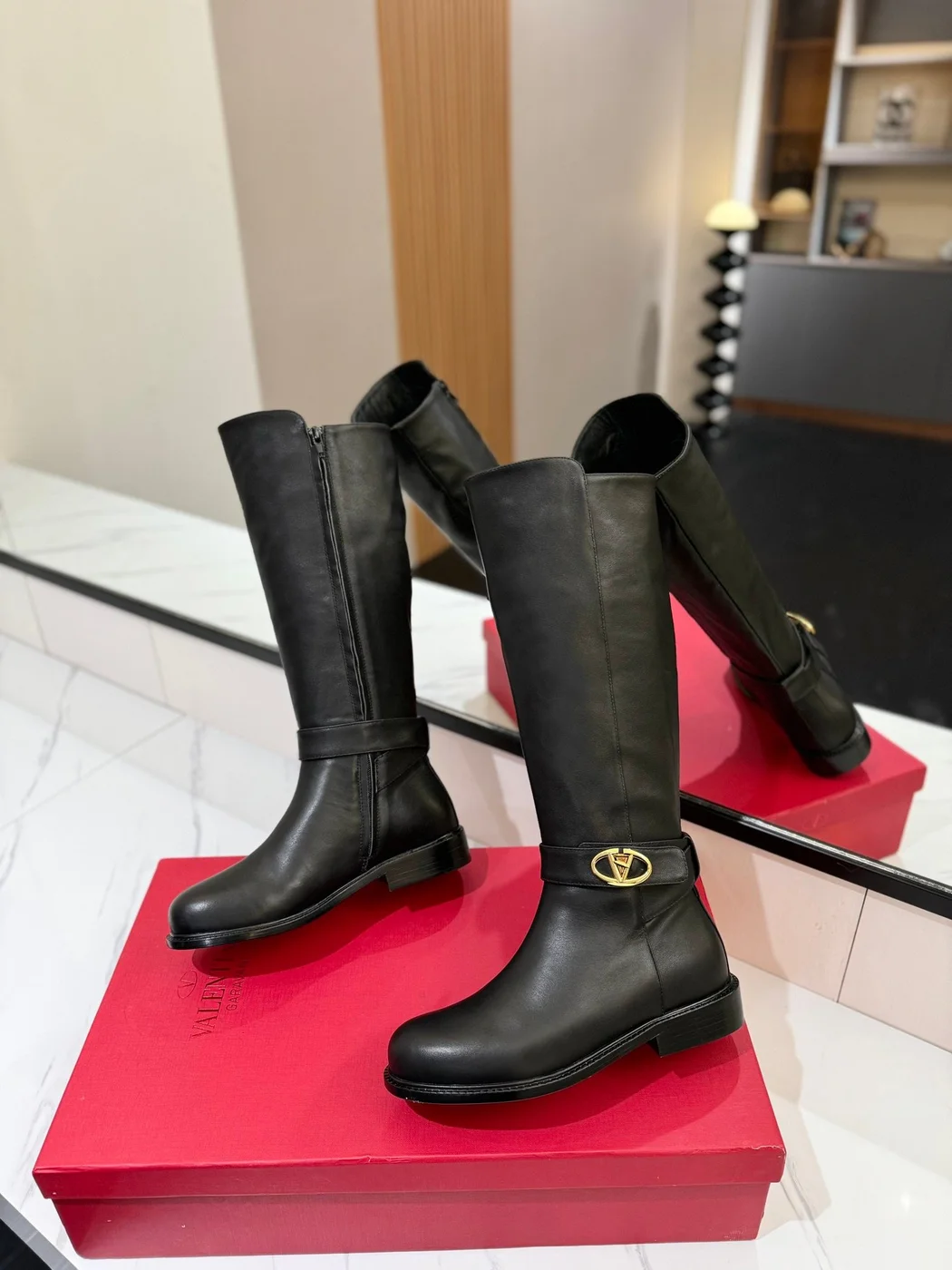 Valentino Women Black Leather Knee High Boots — Low-Heel Ankle-Strap Style product view 6