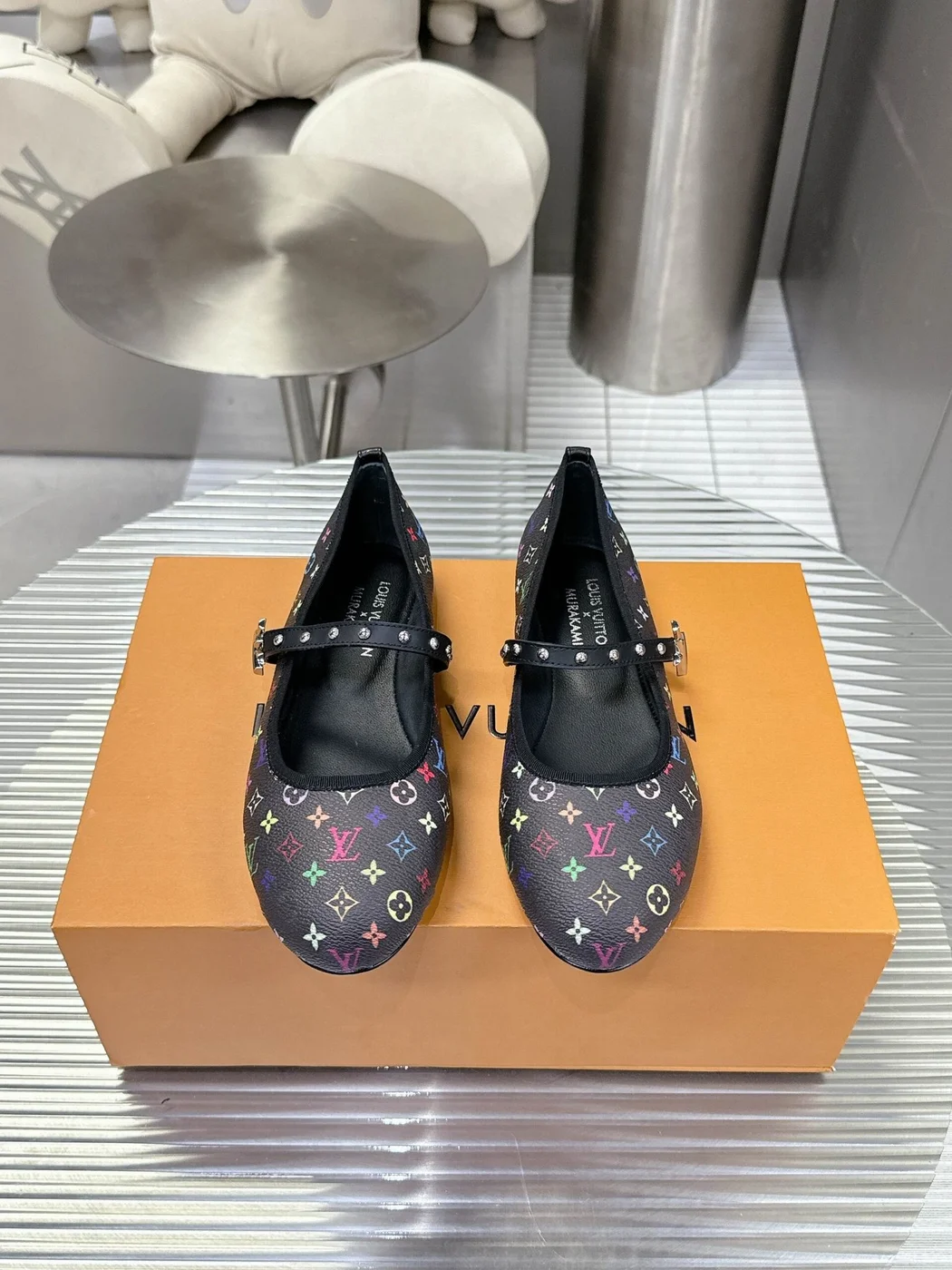 Louis Vuitton Women Black Leather Multicolor Monogram Mary Jane Flats product view 1