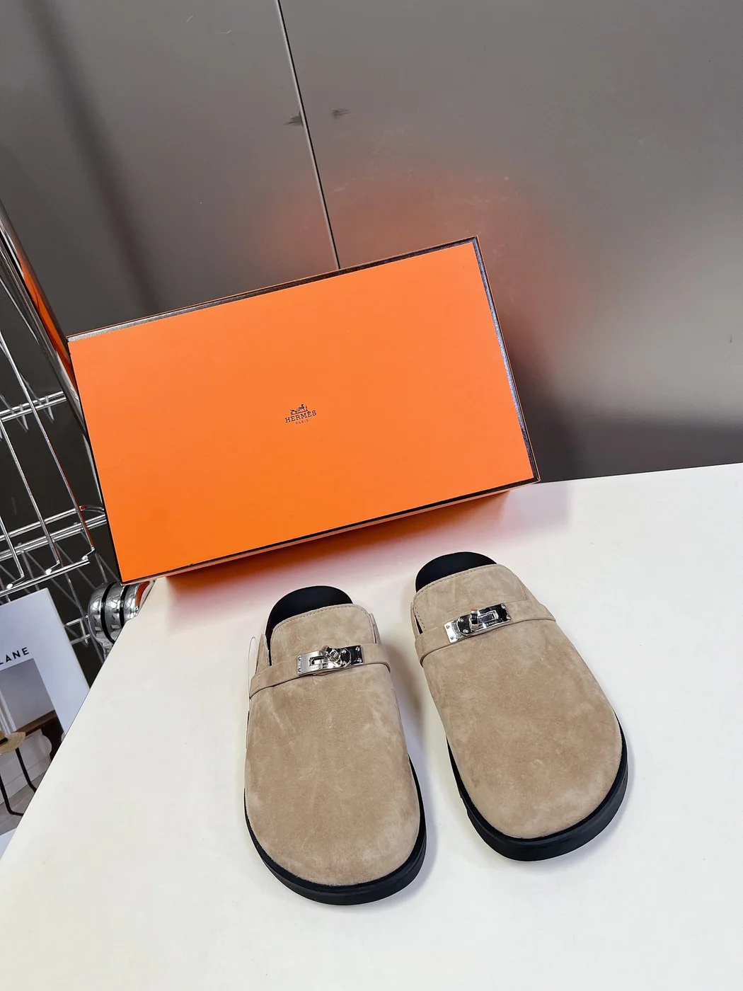Hermès Women Beige Suede Mules — Rounded Toe with Black Sole product view 1