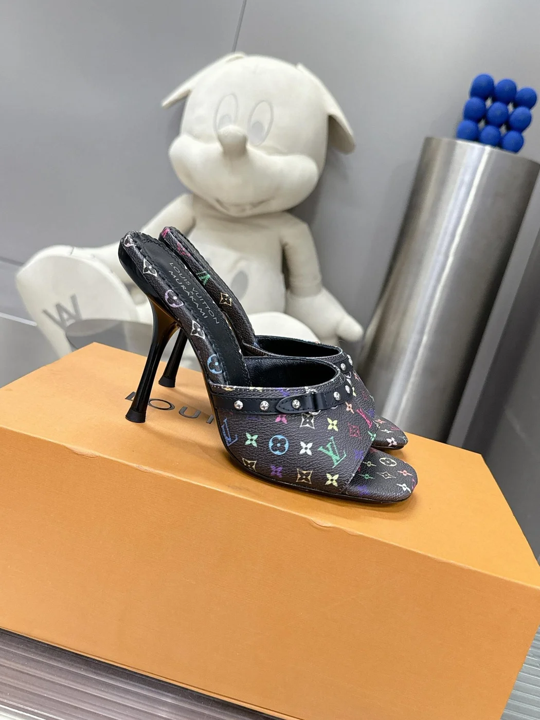 Louis Vuitton Women Black Leather Multicolor Logo Mules product view 3