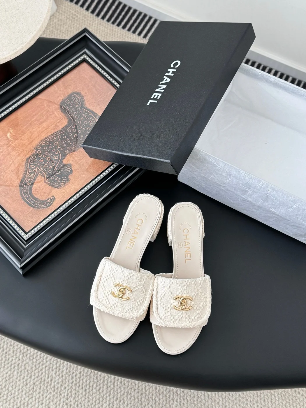 Chanel Women Cream Slides — Gold-Tone CC Detail product view 1