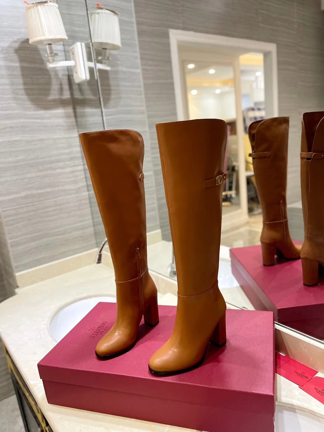 Valentino Women Brown Leather Knee High Boots — Upper-Shaft Buckle Detail product view 3