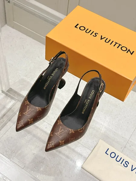 Louis Vuitton Women Brown Leather Patterned Slingback Heels product photo