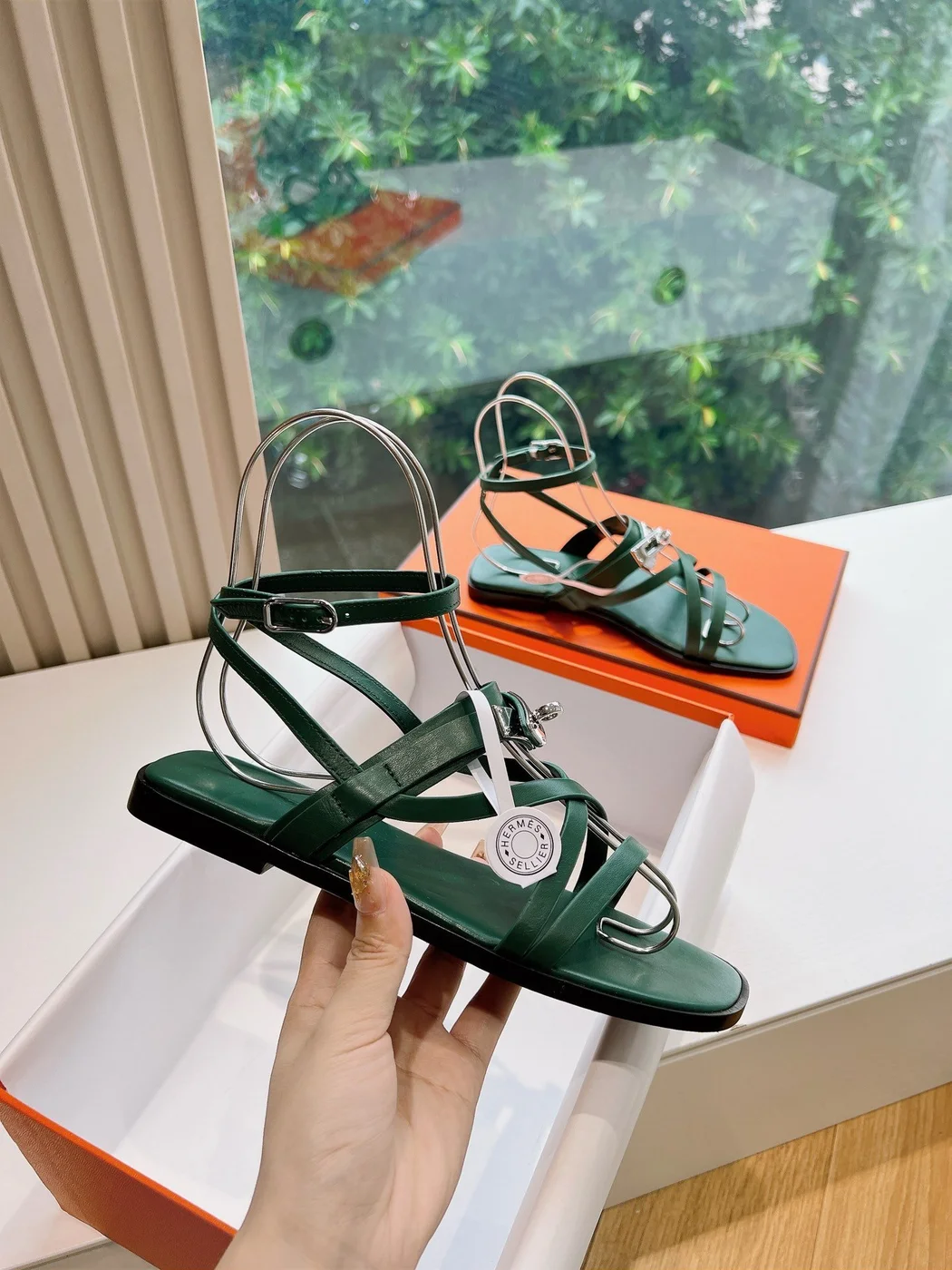 Hermès Women Green Sandals — Dark Green Link-Detail T-Strap product view 5