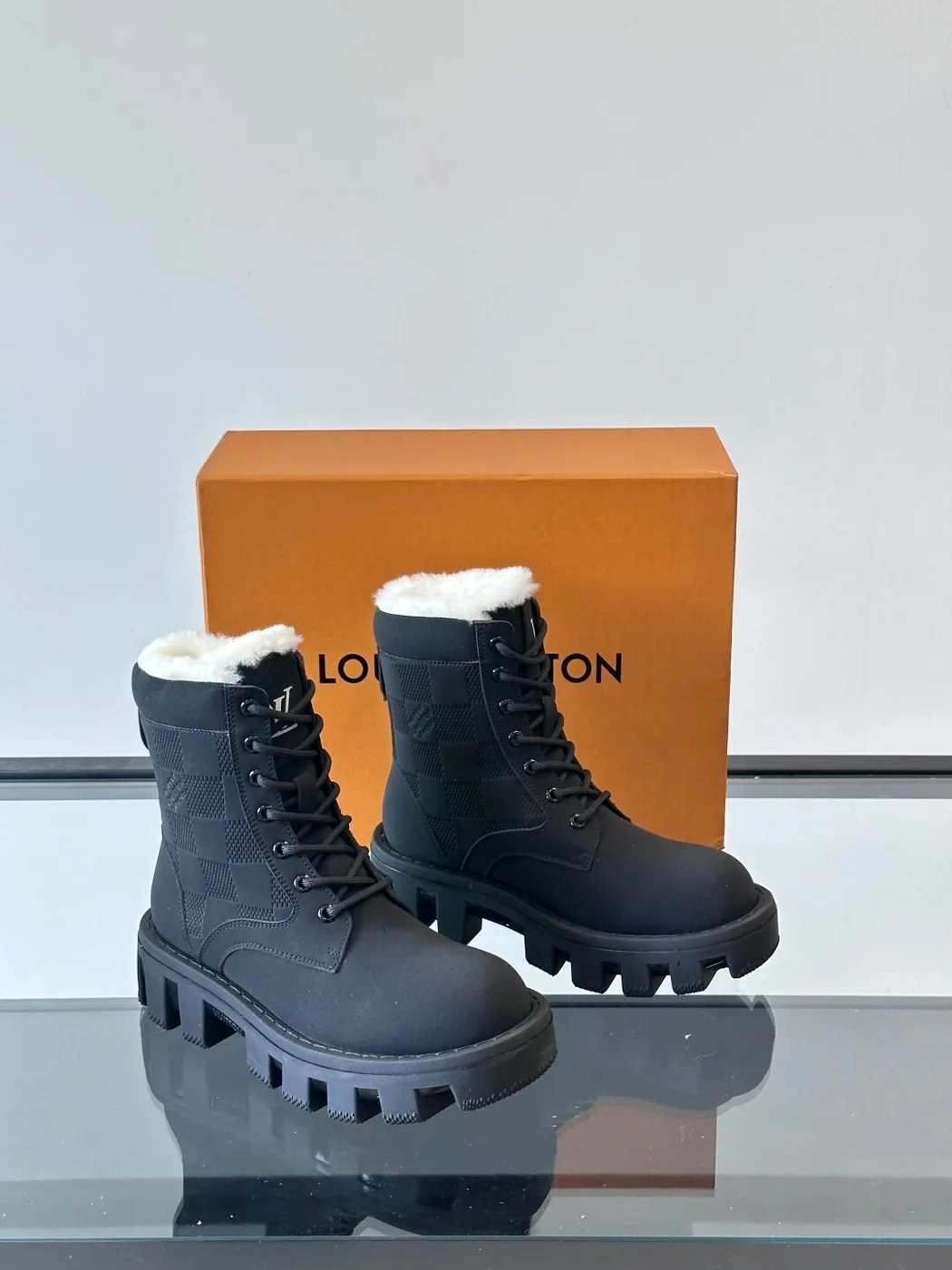 Louis Vuitton Men Black Leather Fur Lined Boots product view 5
