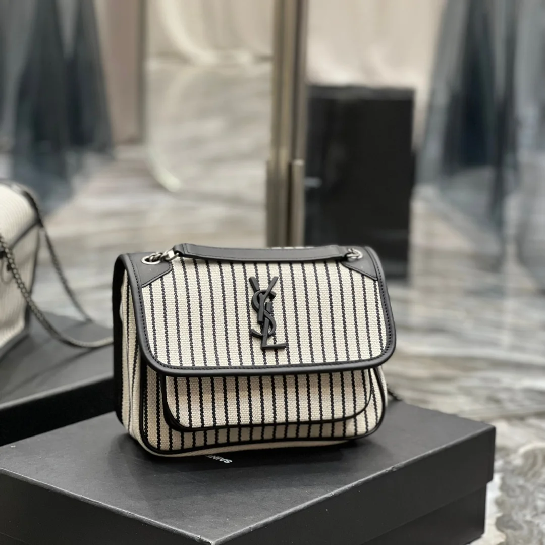 Saint Laurent Cotton Canvas Striped Vintage Calfskin Monogram Medium Niki Chain Satchel Bag product view 1