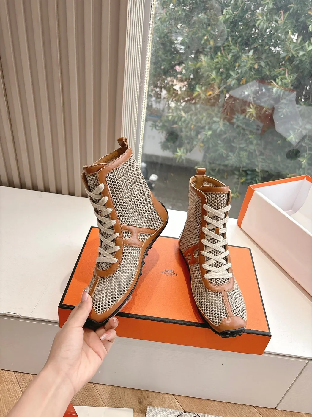 Hermès Women Beige Mesh And Brown Leather Sneakers product view 6
