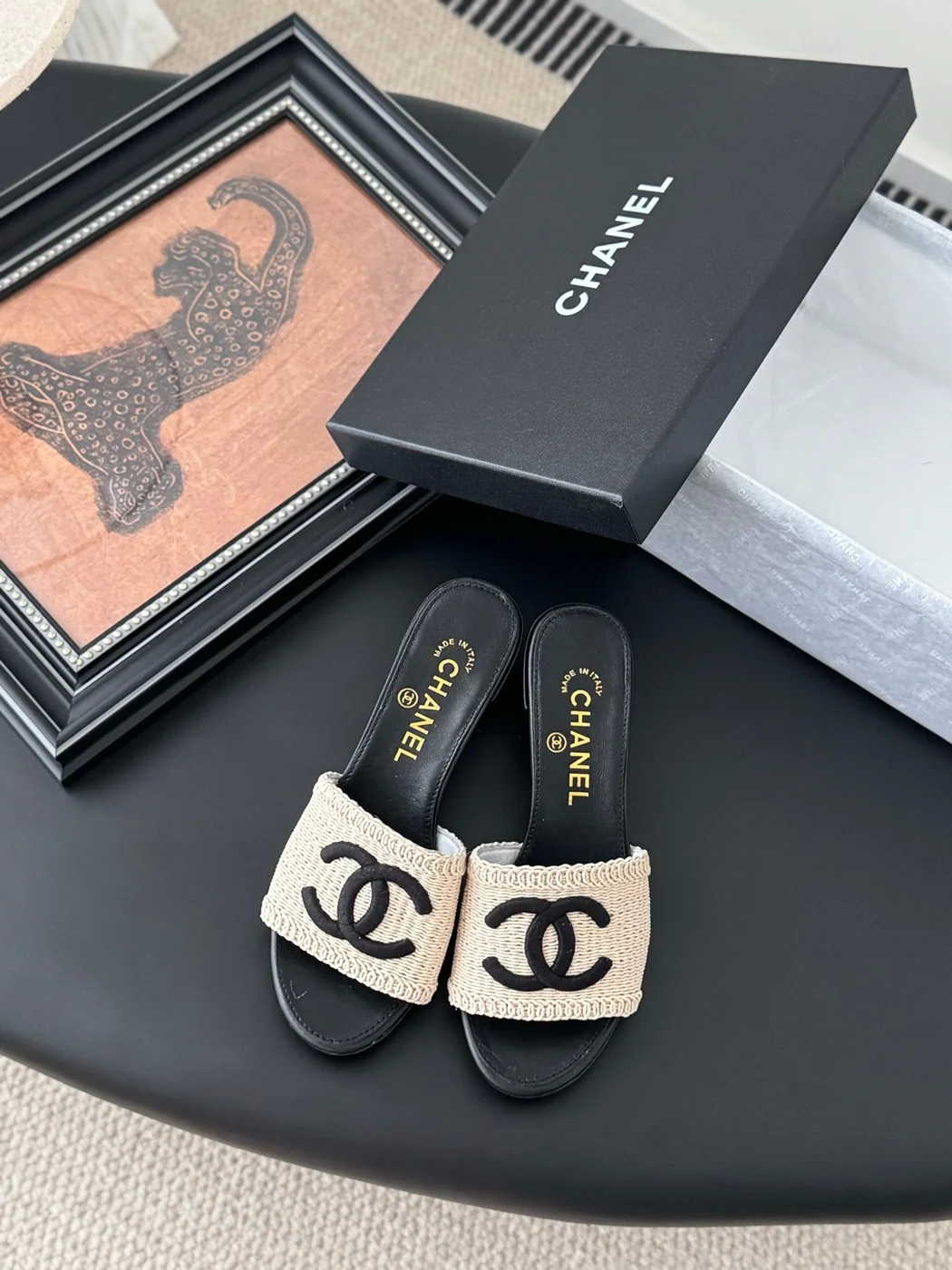 Chanel Women Beige Woven Fabric Black Leather Slides product view 1