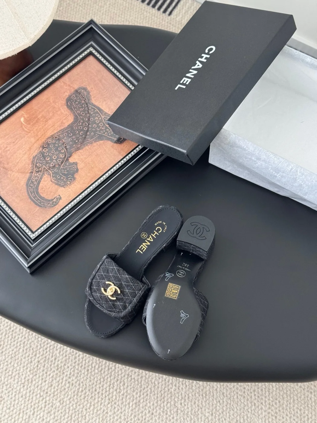 Chanel Women Black Quilted Fabric Slides — Gold-Tone CC Detail product view 4