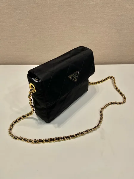 Prada Large Quilted Flap Bag 23 In Black Re-Nylon Fabric Gold Chain product view 5