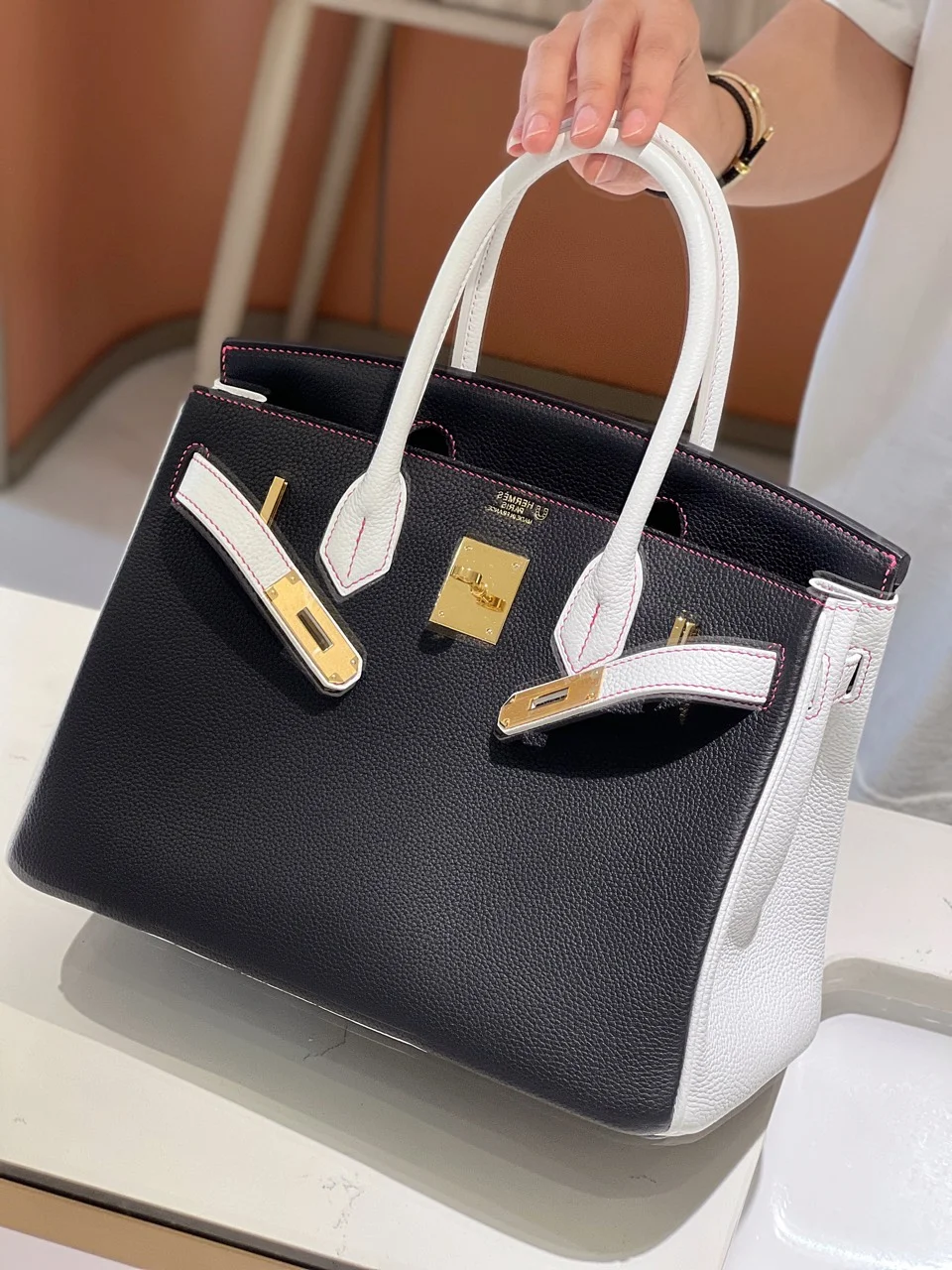 Hermès Birkin 30 Black/White Togo leather Gold Hardware Bag product view 5