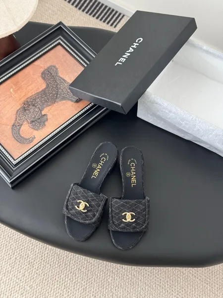 Chanel Women Black Quilted Fabric Slides — Gold-Tone CC Detail product photo