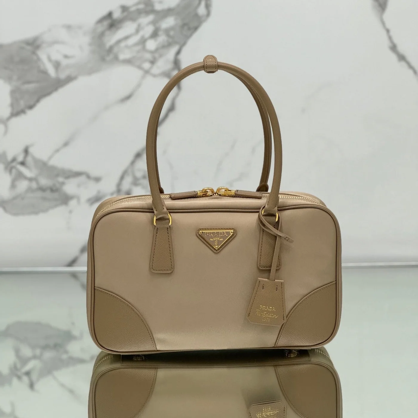 Prada Large Top Handle Bag 35 In Dried Moss Nylon And Calfskin Trim product view 1