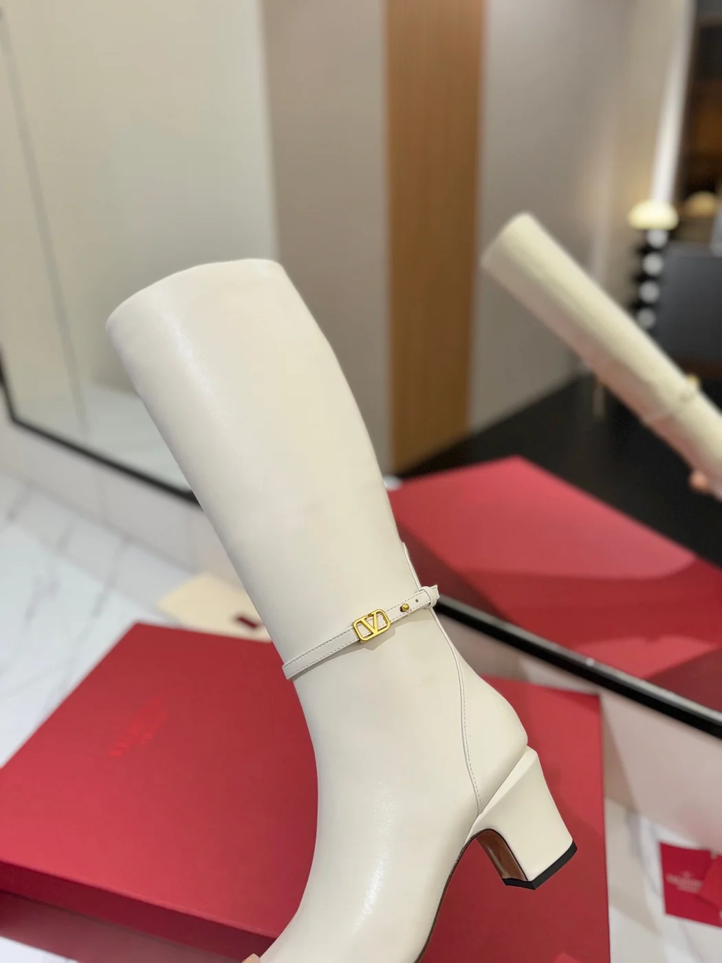 Valentino Women White Leather Knee High Boots — Plain Shaft product view 2